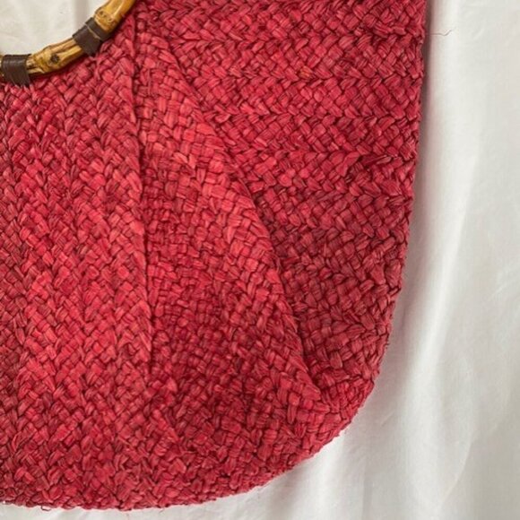 Vintage Large Red Woven Wicker Bamboo Handle Beach Bag Handbag Purse - Picture 5 of 15